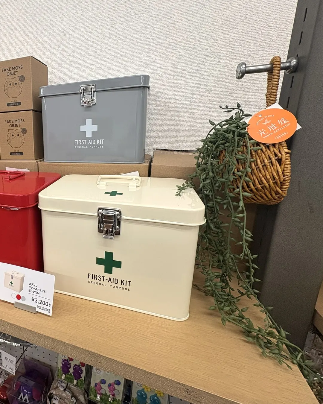 クリーム色の救急箱と吊り下げの観葉植物